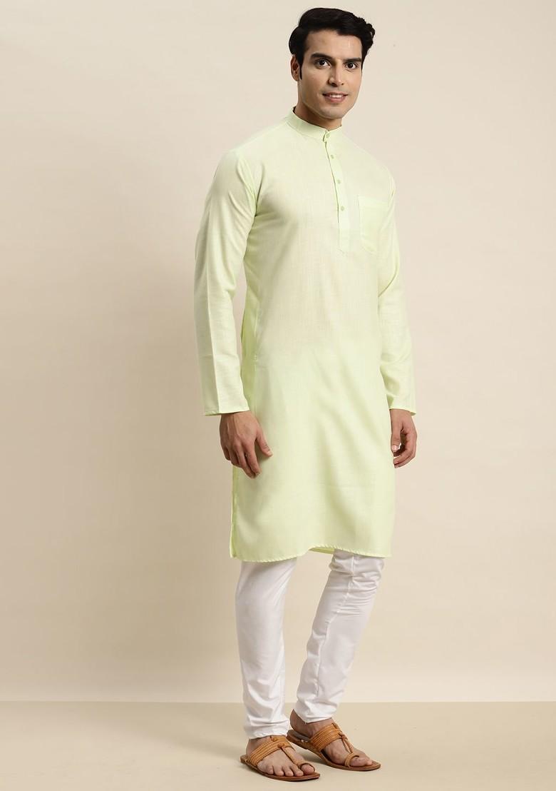 Green Solid Cotton Kurta For Men