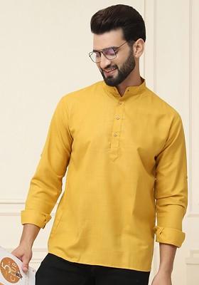 Mustard Solid Poly Blend Kurta For Men