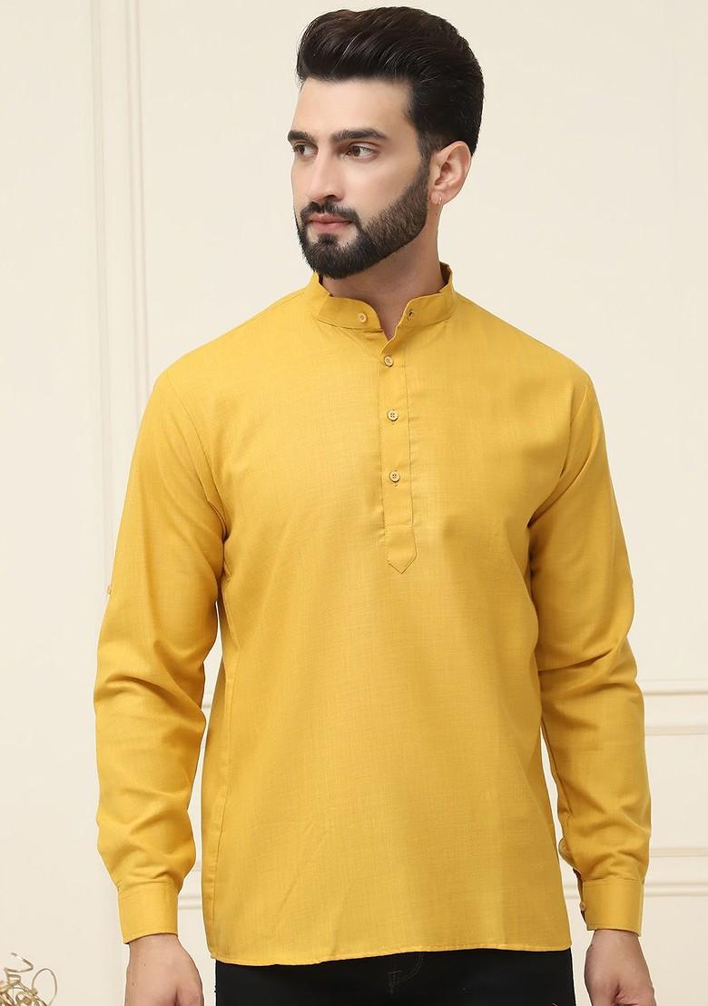 Mustard Solid Poly Blend Kurta For Men