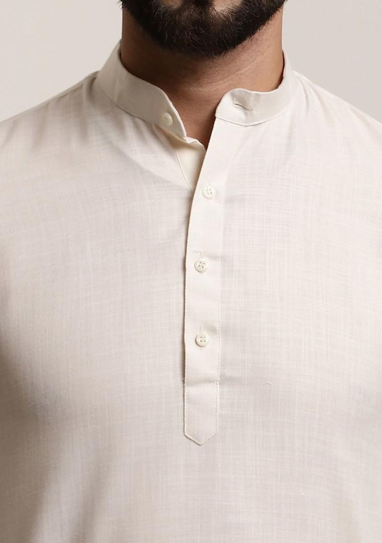 Cream Solid Cotton Kurta For Men