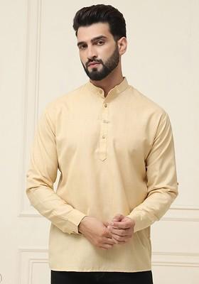 Gold Solid Cotton Kurta For Men