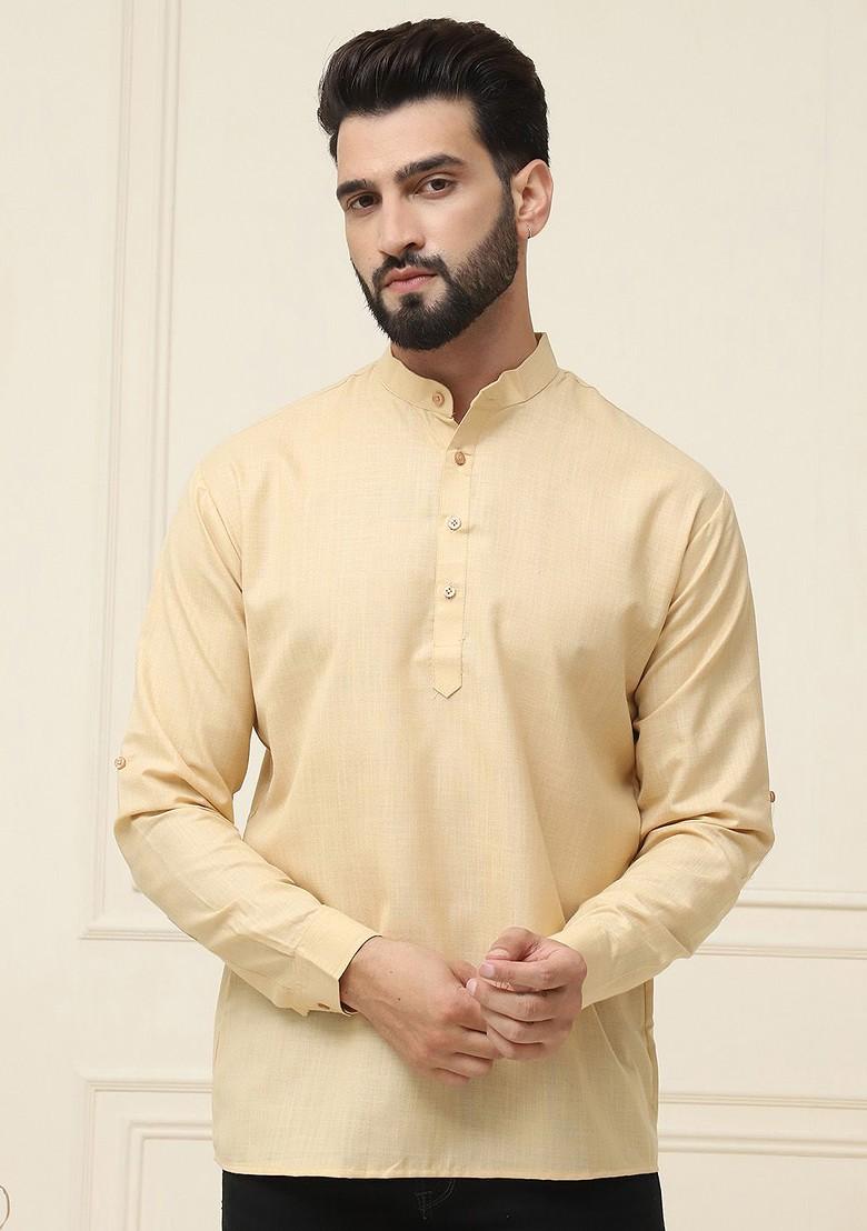 Gold Solid Cotton Kurta For Men