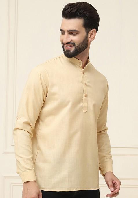 Gold Solid Cotton Kurta For Men