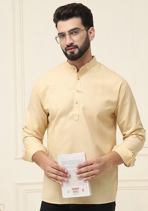 Gold Solid Cotton Kurta For Men