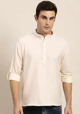 Cream Solid Poly Blend Kurta For Men