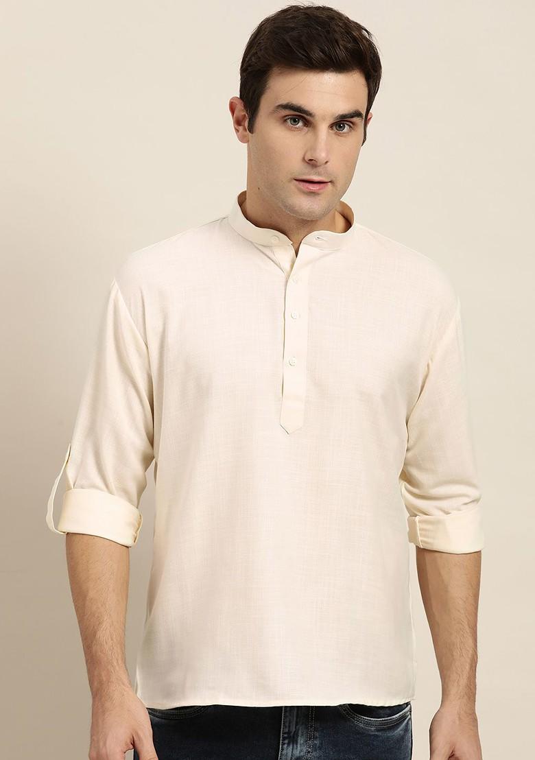 Cream Solid Poly Blend Kurta For Men