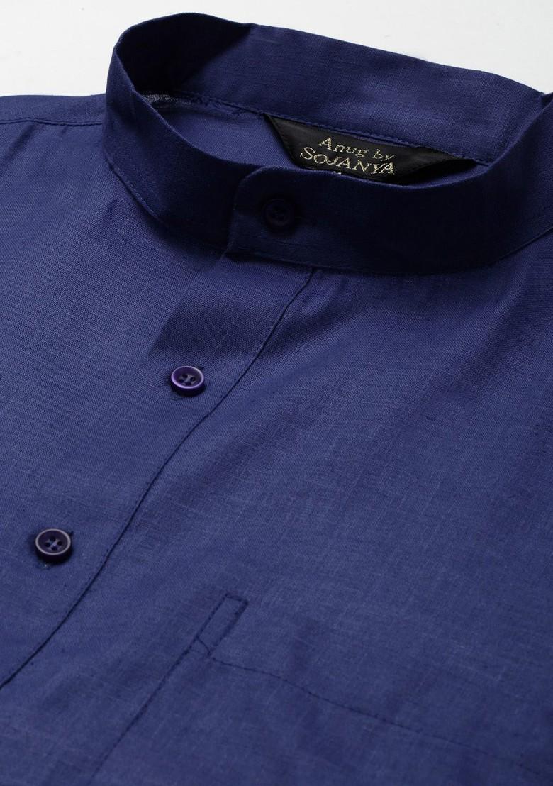 Blue Solid Poly Blend Kurta For Men