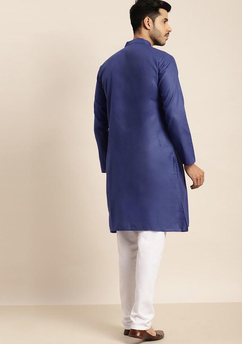 Blue Solid Poly Blend Kurta For Men
