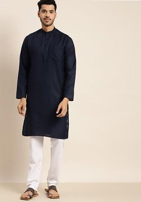 Navy Blue Solid Poly Blend Kurta For Men