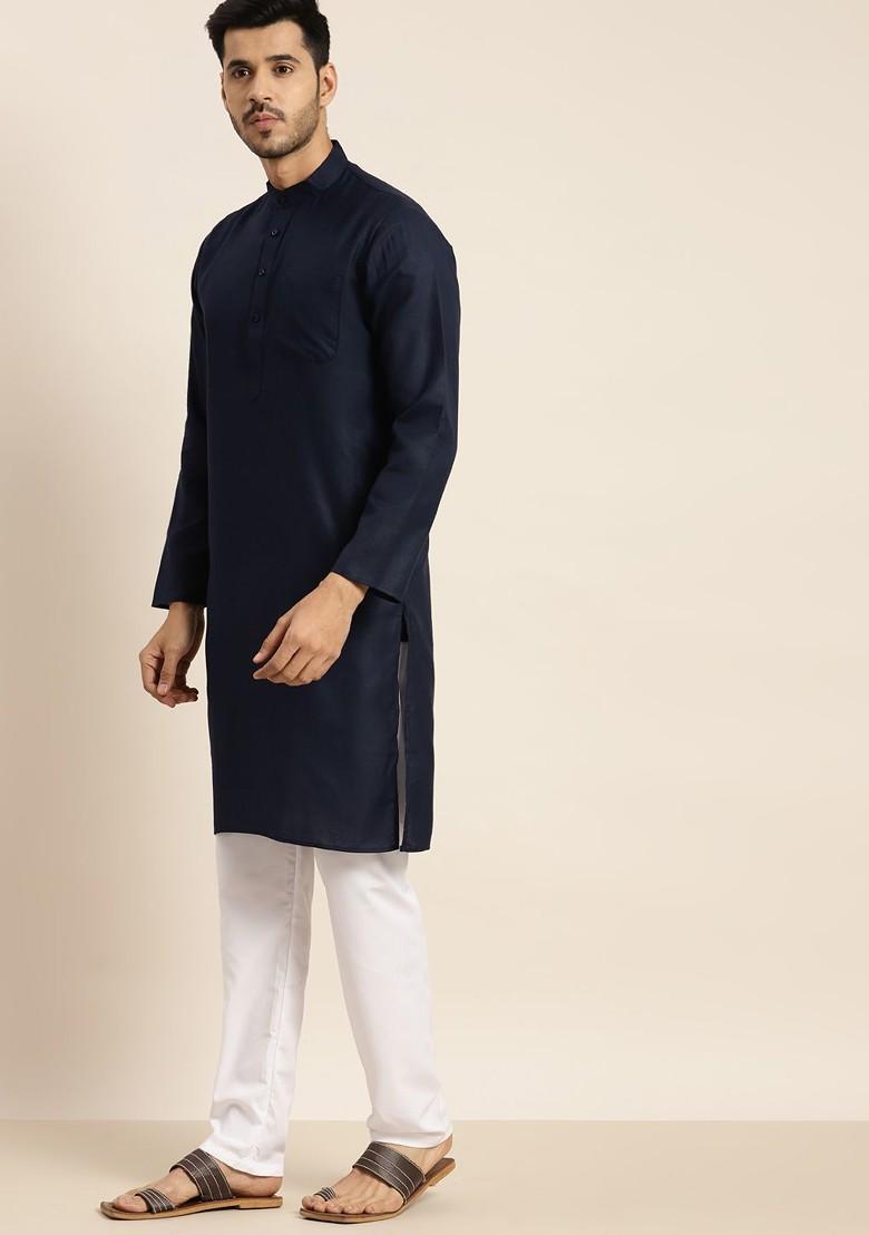 Navy Blue Solid Poly Blend Kurta For Men