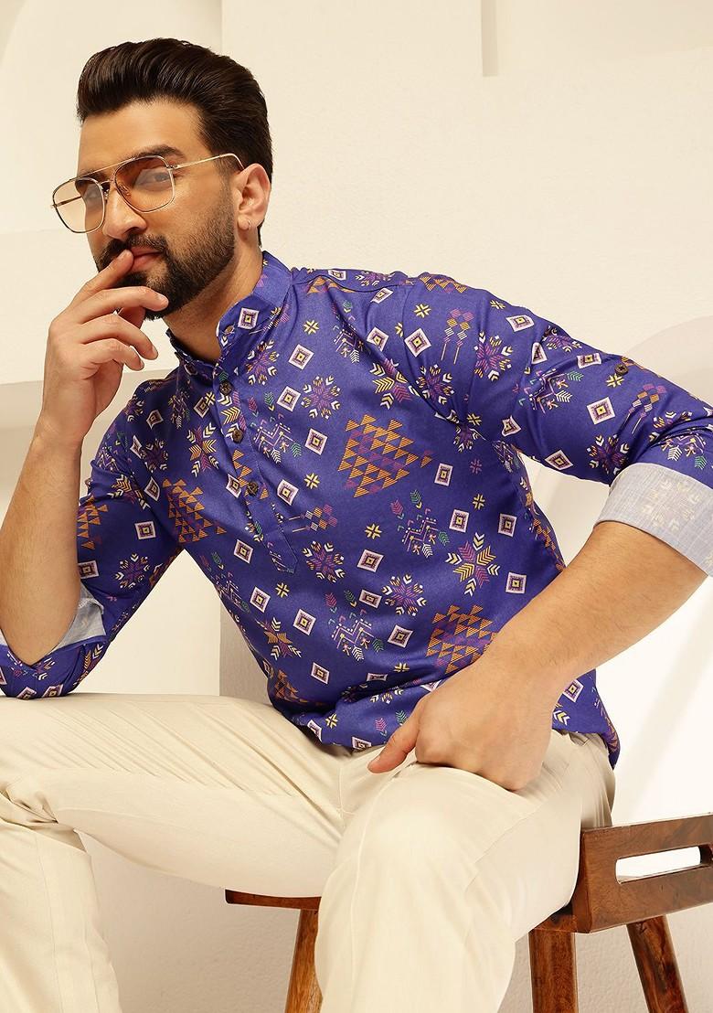 Blue Ethnic Motifs Cotton Kurta For Men