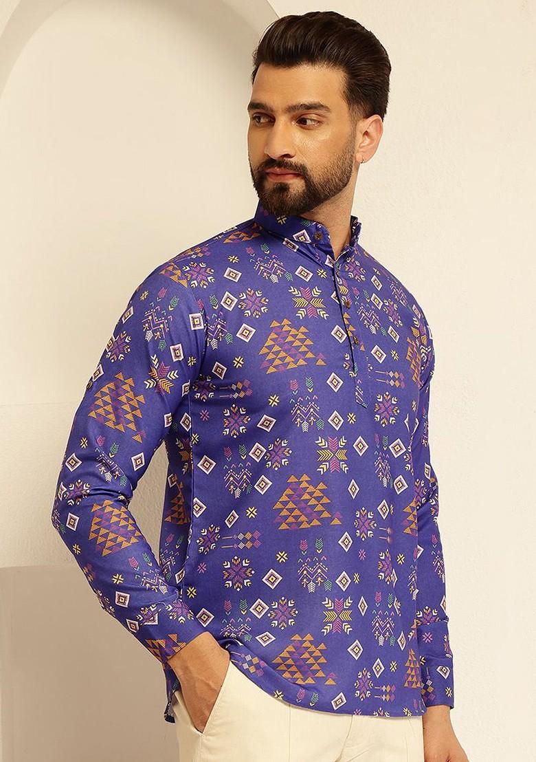 Blue Ethnic Motifs Cotton Kurta For Men