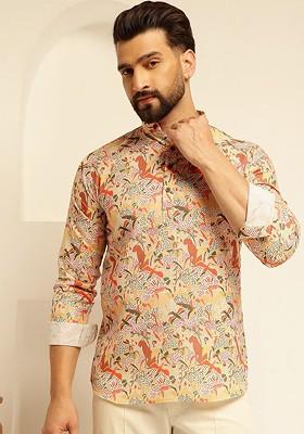 Beige Printed Cotton Kurta For Men