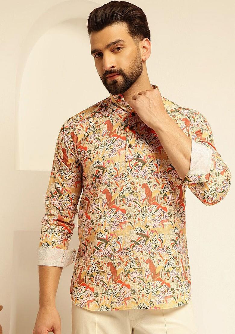 Beige Printed Cotton Kurta For Men