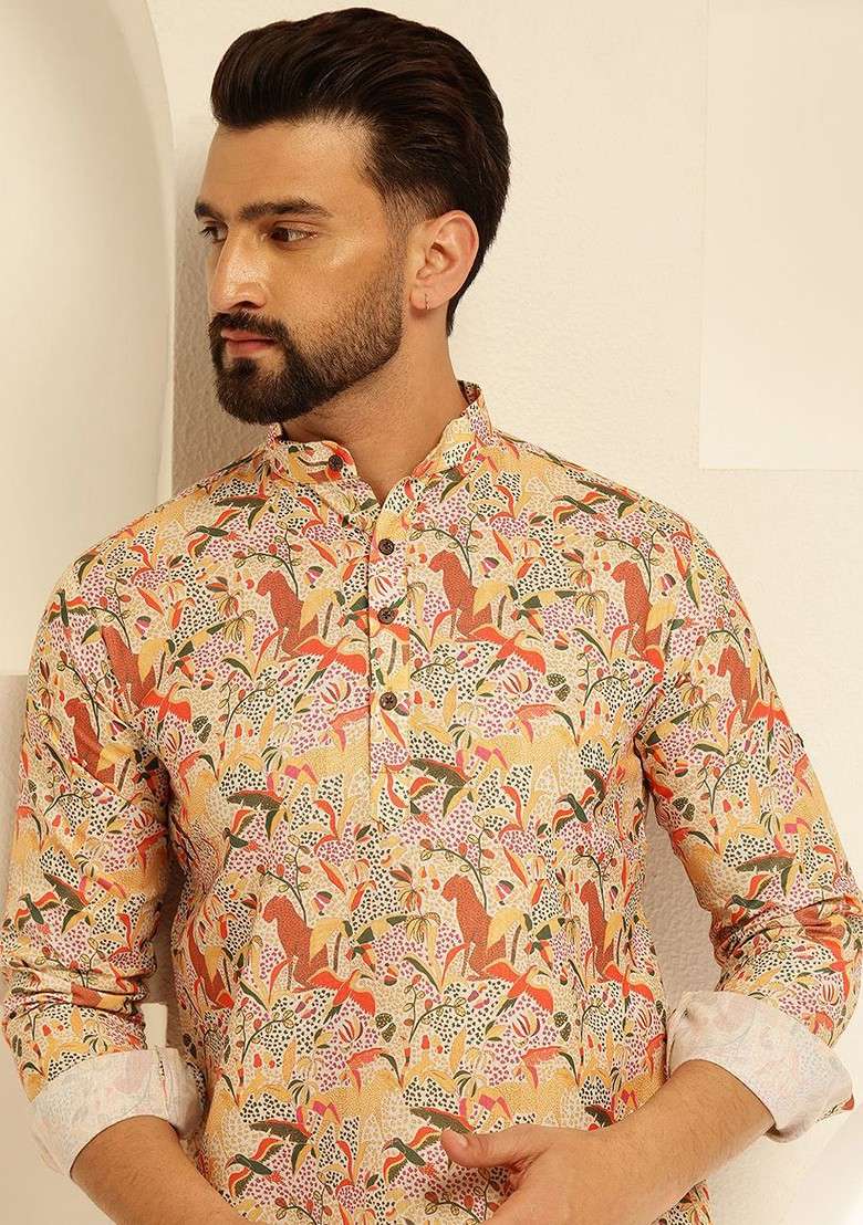 Beige Printed Cotton Kurta For Men - Indya