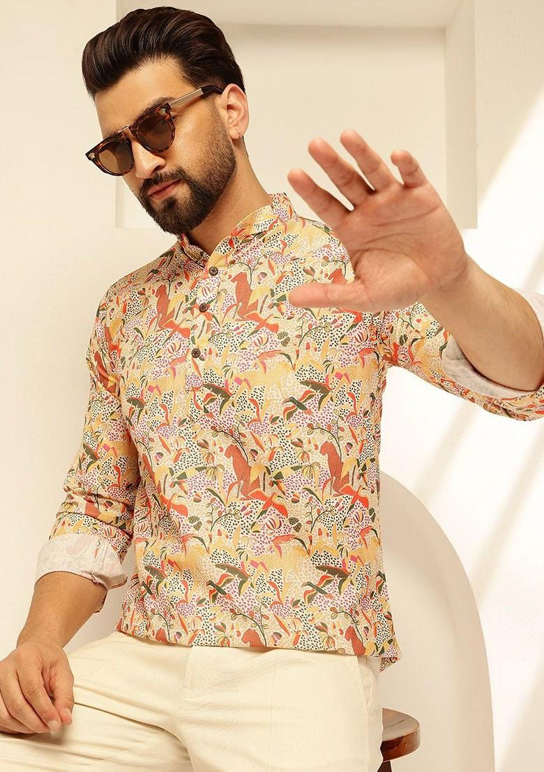 Beige Printed Cotton Kurta For Men