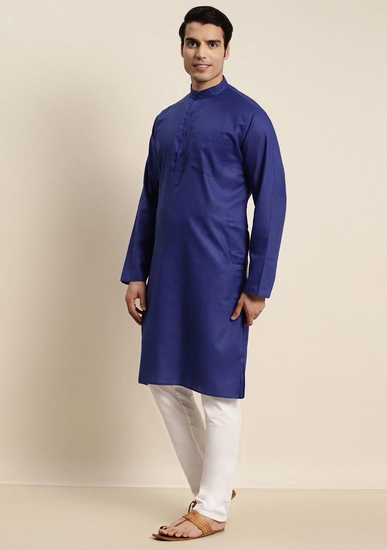 Blue Solid Poly Blend Kurta For Men