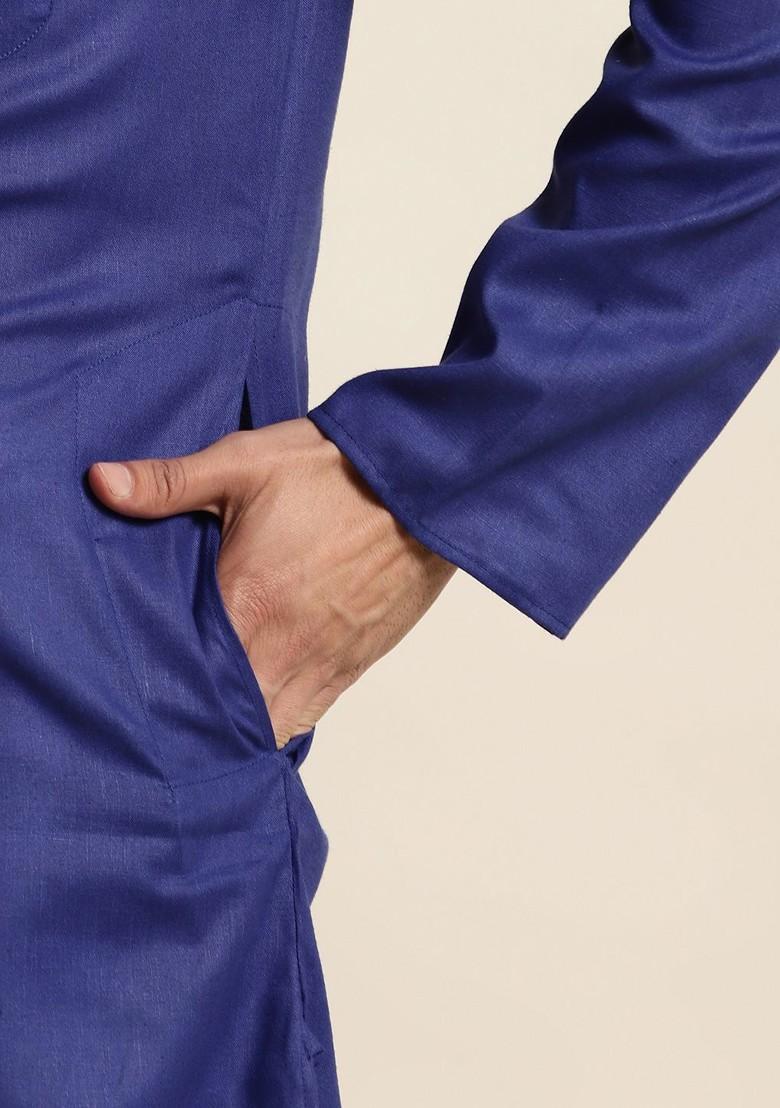 Blue Solid Poly Blend Kurta For Men