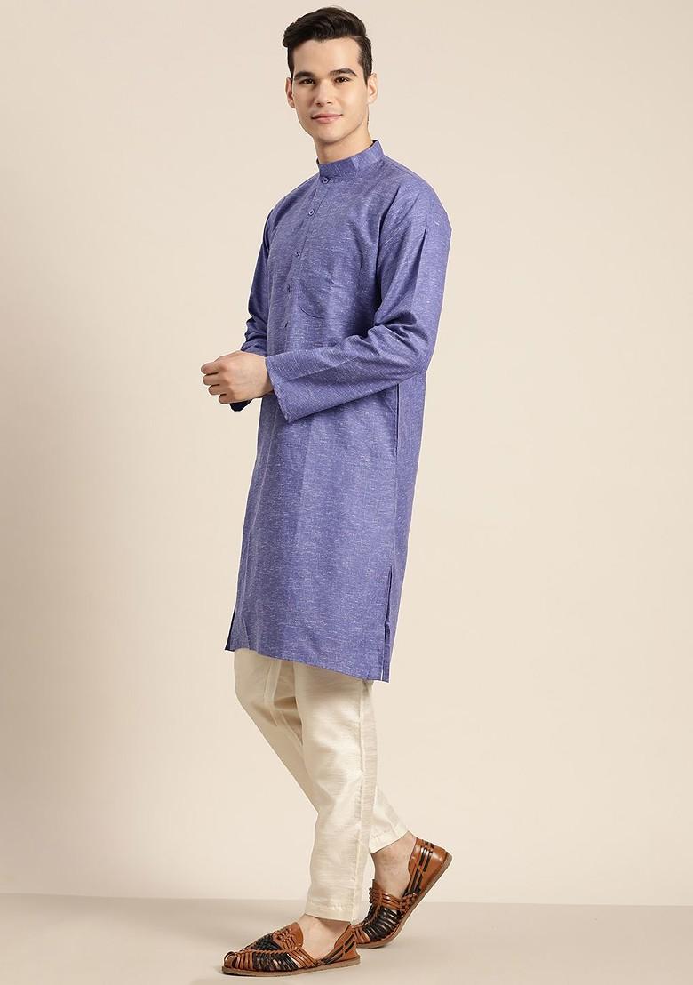 Blue Solid Poly Blend Kurta For Men