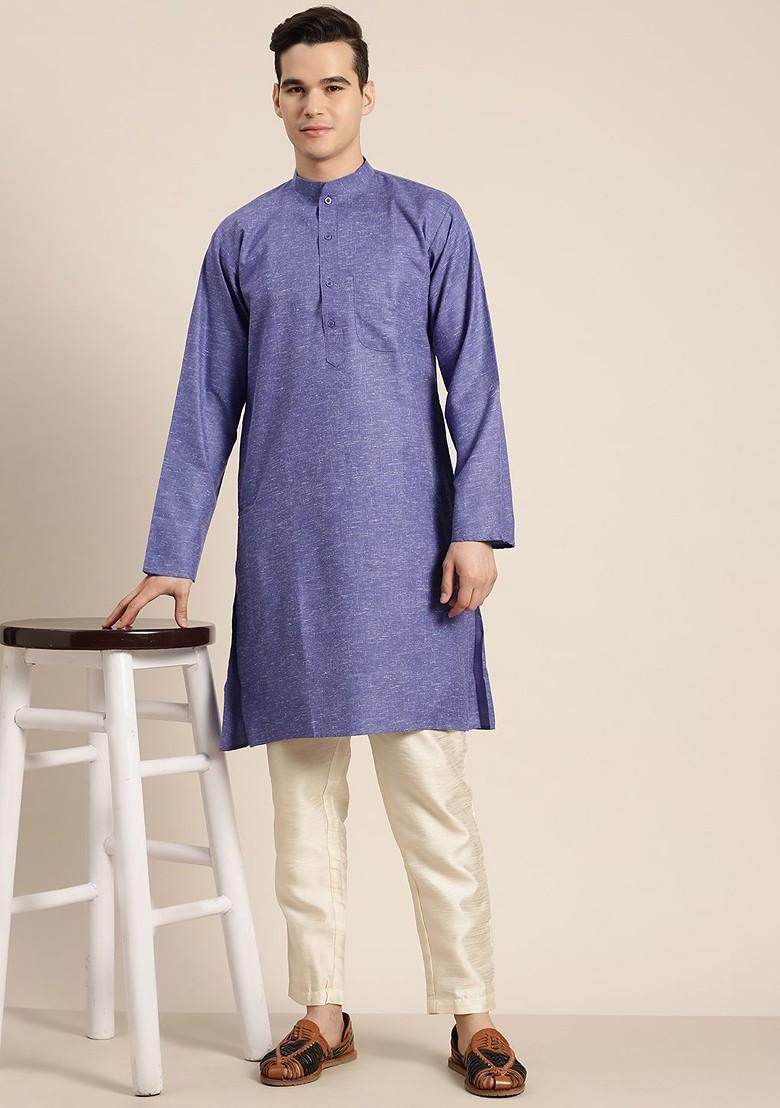Blue Solid Poly Blend Kurta For Men