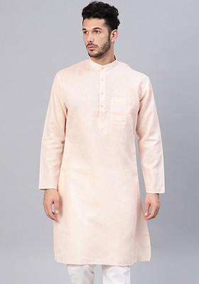 Peach Solid Poly Blend Kurta For Men