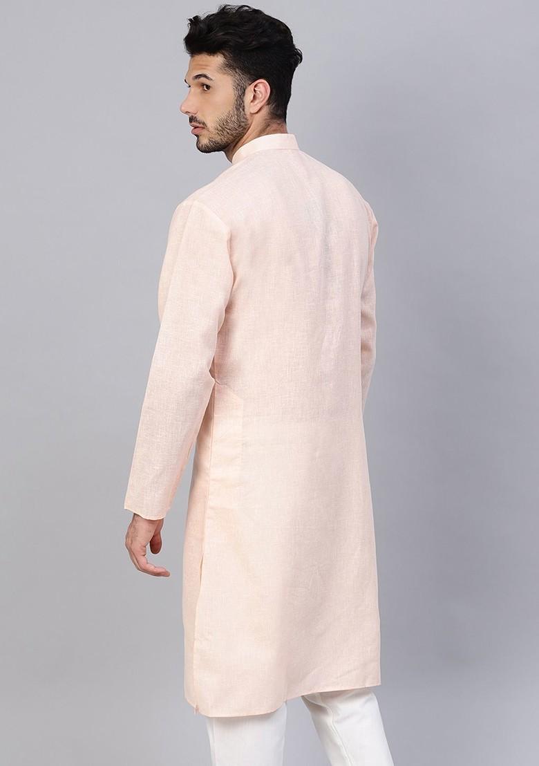 Peach Solid Poly Blend Kurta For Men