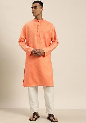 Orange Solid Poly Blend Kurta For Men