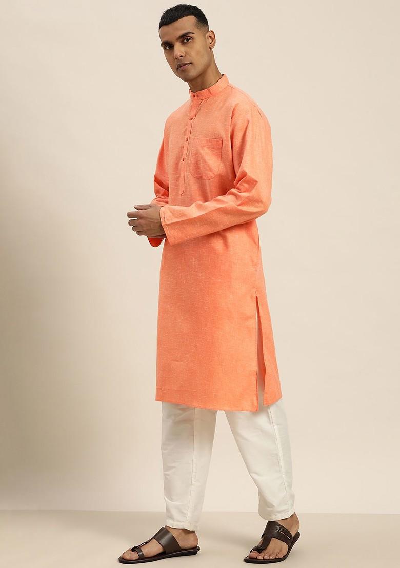 Orange Solid Poly Blend Kurta For Men