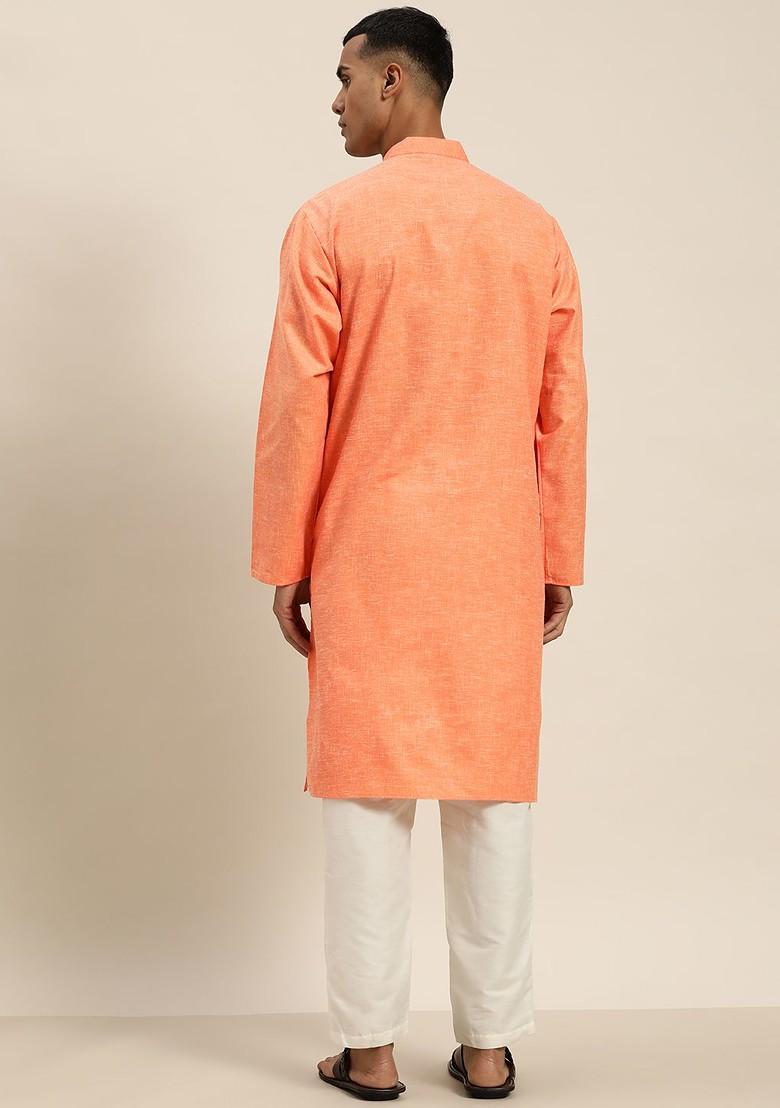 Orange Solid Poly Blend Kurta For Men