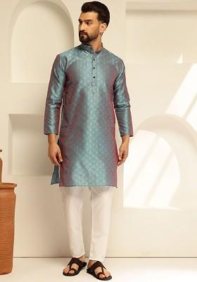 Blue Thread Work Poly Blend Kurta For Men
