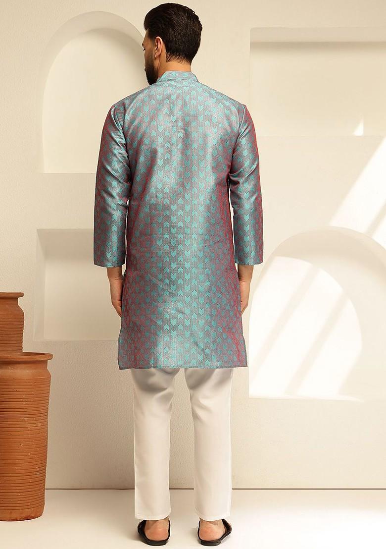 Blue Thread Work Poly Blend Kurta For Men