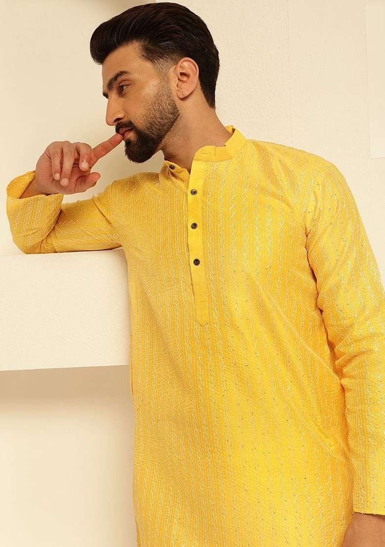 Yellow Embroidered Poly Blend Kurta For Men - Indya