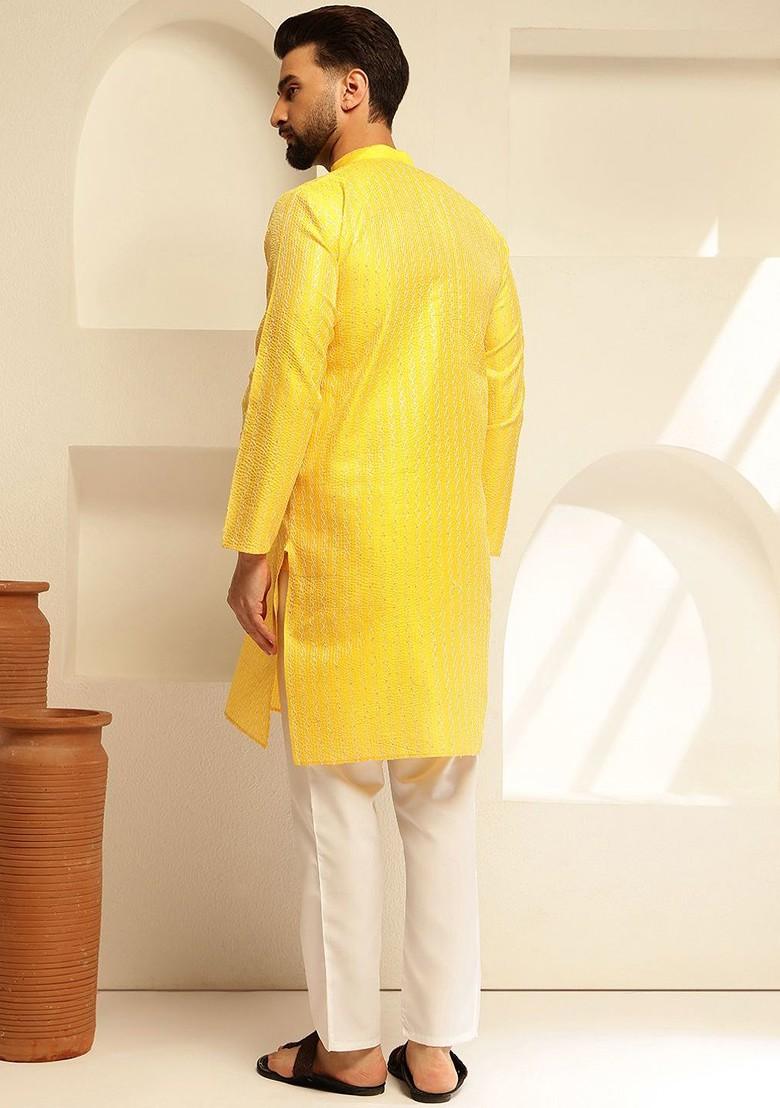 Yellow Embroidered Poly Blend Kurta For Men