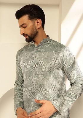 Green Woven Poly Blend Kurta For Men