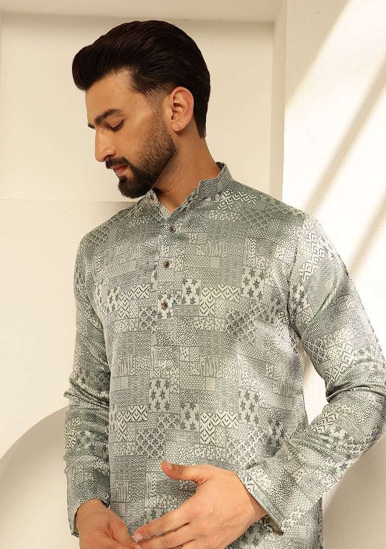 Green Woven Poly Blend Kurta For Men - Indya