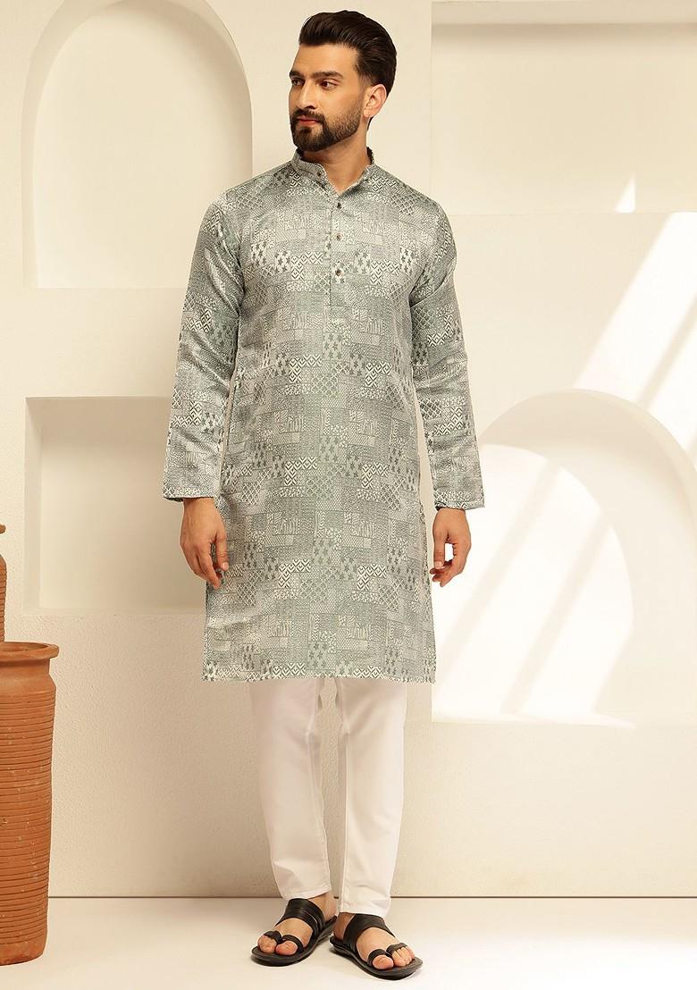 Green Woven Poly Blend Kurta For Men