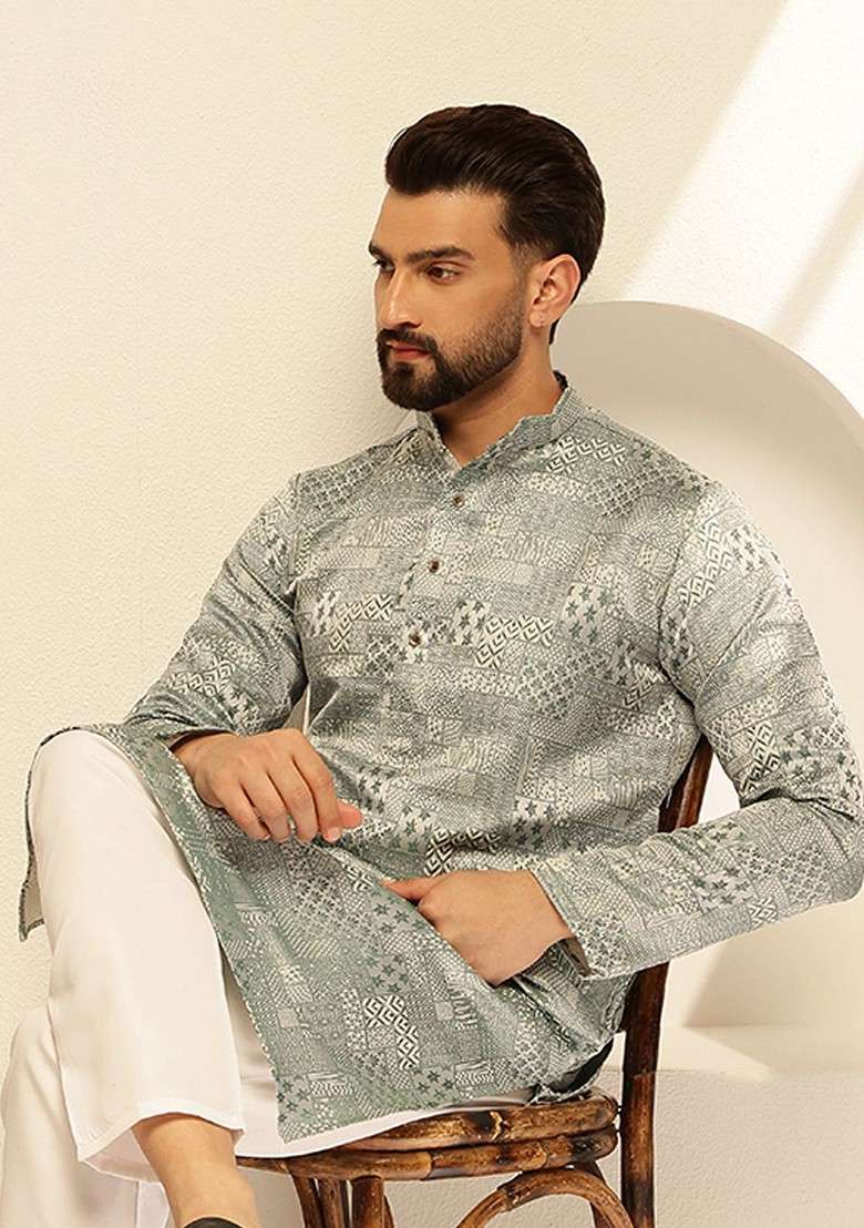 Green Woven Poly Blend Kurta For Men - Indya