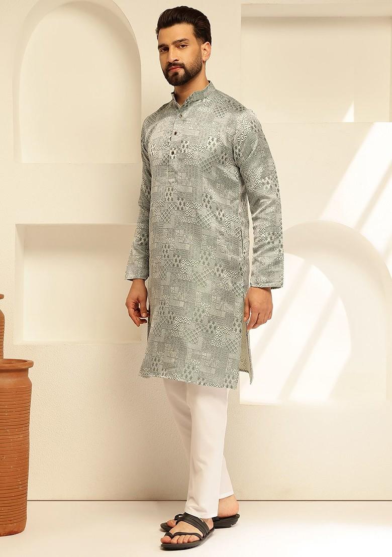 Green Woven Poly Blend Kurta For Men