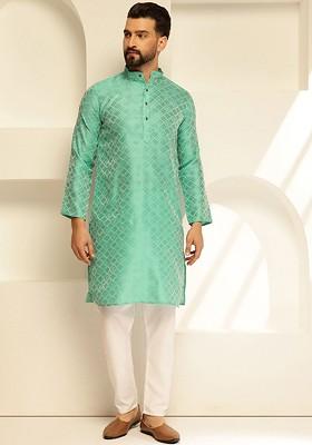 Green Woven Poly Blend Kurta For Men