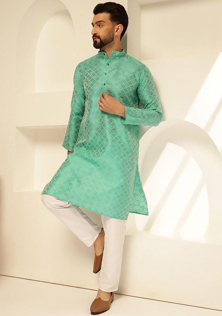 Green Woven Poly Blend Kurta For Men