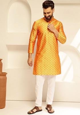Yellow Thread Work Poly Blend Kurta For Men