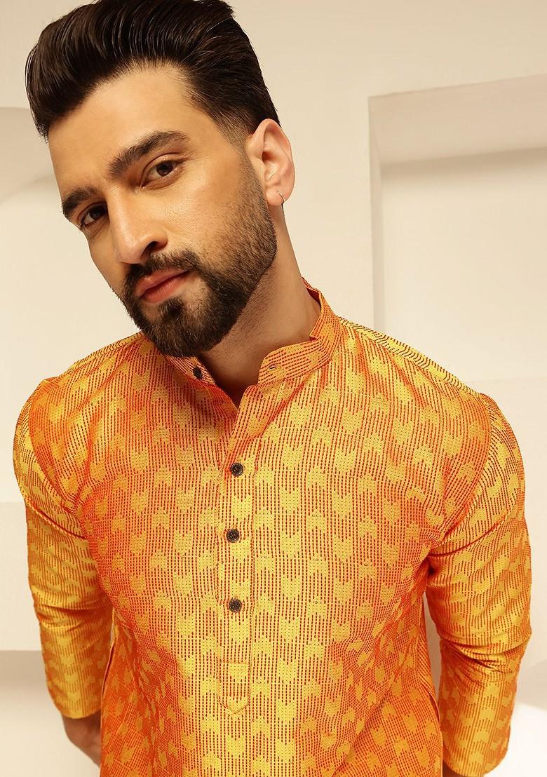 Yellow Thread Work Poly Blend Kurta For Men