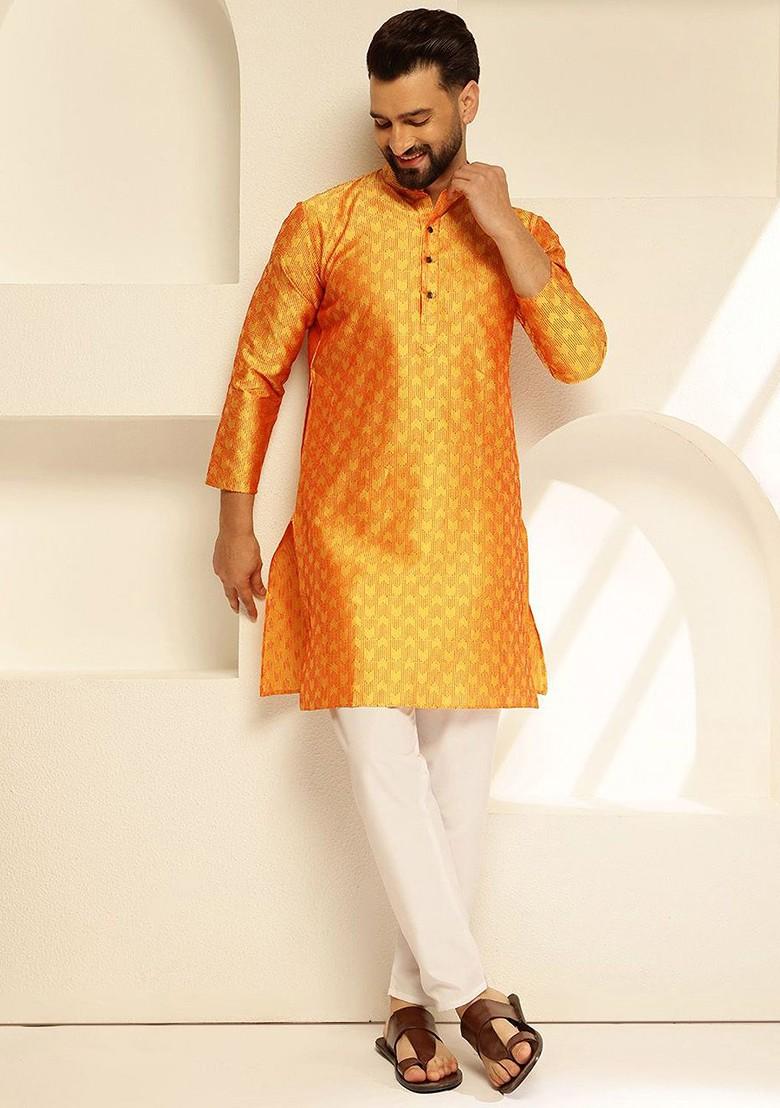 Yellow Thread Work Poly Blend Kurta For Men