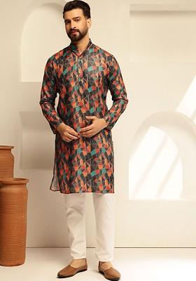 Black Printed Cotton Kurta For Men