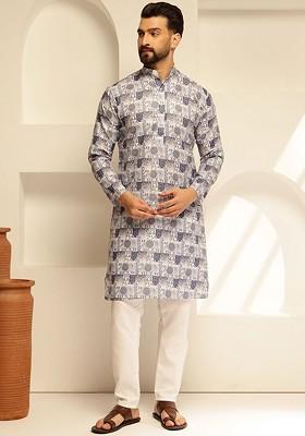White Ethnic Motifs Cotton Kurta For Men