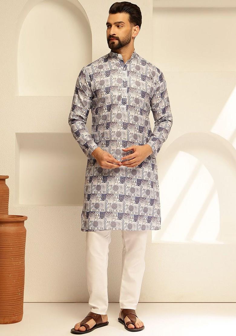 White Ethnic Motifs Cotton Kurta For Men