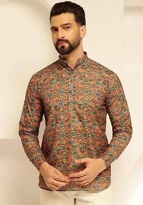 Green Printed Cotton Kurta For Men