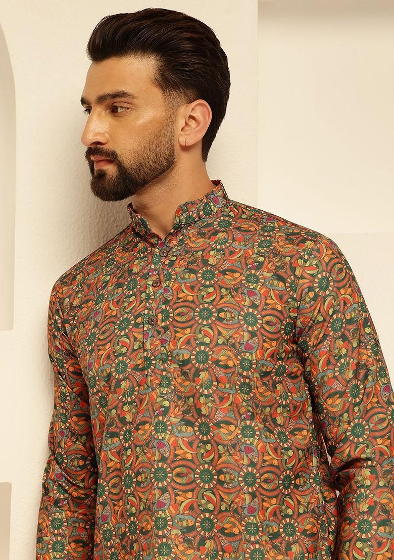 Green Printed Cotton Kurta For Men