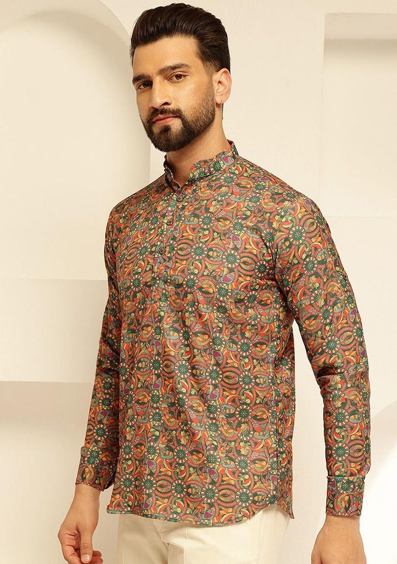 Green Printed Cotton Kurta For Men