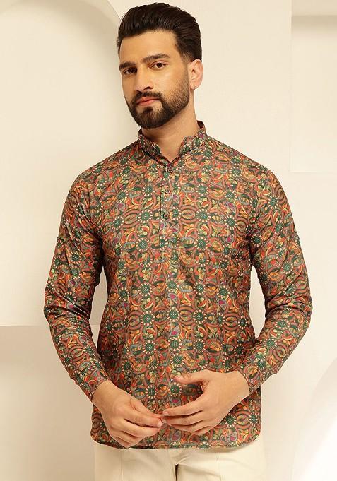 Green Printed Cotton Kurta For Men